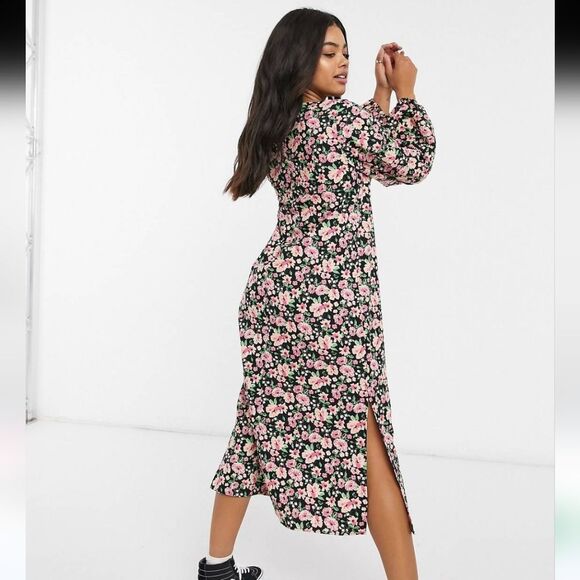 ASOS LONG BUBBLE SLEEVE MIDI DRESS IN BLACK FLORAL PRINT-MULTI Size 12 - Picture 11 of 12